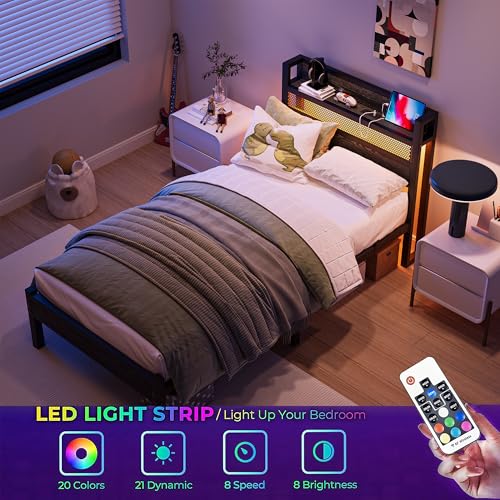 JUISSANO Twin Size Bed Frame with Charging Station and LED Lights,Black Metal Twin Bed Frame with Headboard Storage Shelf,Single Bed Frames with Under Bed Storage,No Box Spring Needed,Easy Assembly JUISSANO