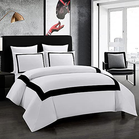 OSVINO Hotel Duvet Cover Set Queen Size 3Pcs Black Line Pattern Bedding Collection Ultra Soft Breathable Duvet Cover with Pillowcases OSVINO