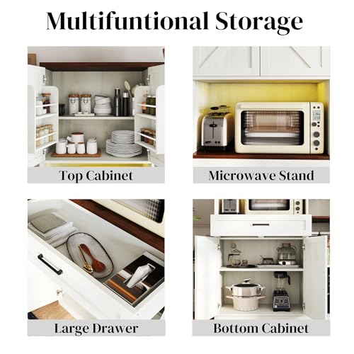 71" Kitchen Pantry Cabinet with Charging Station & LED Light,Freestanding Buffet Storage Cabinets with Adjustable Shelves,Farmhouse Kitchen Hutch with Microwave Stand for Dining Room (White+Brown) Anwick