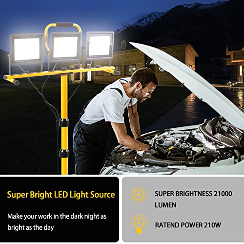 21000 Lumen Work Lights with Stand, 3 Adjustable Head LED Work Light, with Adjustable and Foldable Tripod Stand, Waterproof Lamp with Individual Switch with 6500 Kelvin Color Temperature GUWELL