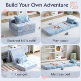 Foldable Floor Mattress with Pillow for Kids, Glow in The Dark Blue Dinosaur Toddler Washable Folding Floor Mat for Daycare, Child Trifold Futon Sofa Bed with Storage Bag for Playroom Girls and Boys Givjoy