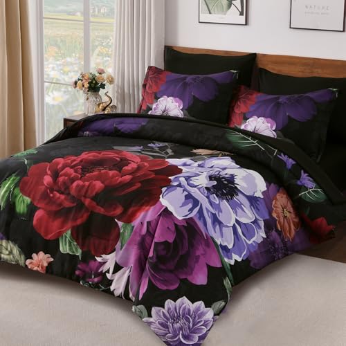 WONGS BEDDING Black Comforter Set King Size, 7 Pieces Floral Bed in a Bag Set, Luxury Red Flower Bedding Set, Soft Microfiber for All Season with Pillowcases & Shams,Sheets(90"×104") WONGS BEDDING
