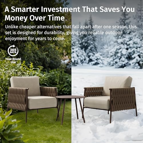 EAST OAK 3-Piece Patio Furniture Set | Armchairs & Coffee Table | Outdoor Furniture with Cushions | Deep Seating Modern Conversation Set | Garden, Porch, Balcony & Backyard | Chestnut & Apricot EAST OAK