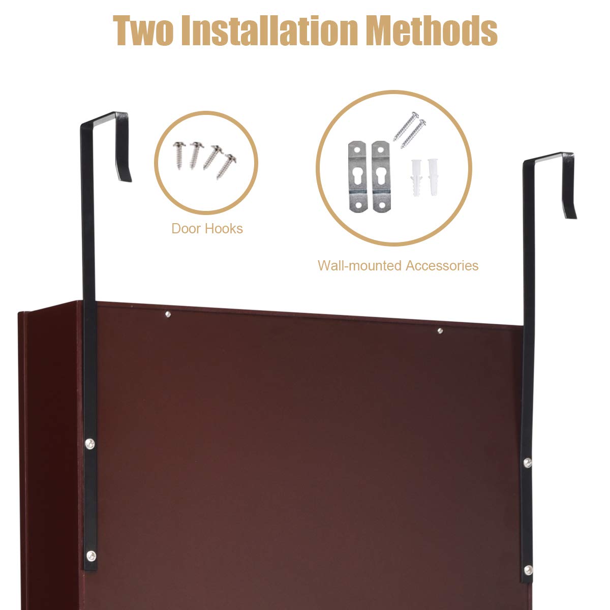 Giantex LED Jewelry Cabinet Wall Mounted Door Hanging, Lockable Jewelry Armoire with 47.2'' Full Length Mirror, Foldable Makeup Tray, Lipstick Brush Holders, Jewelry Storage Organizer (Brown) Giantex