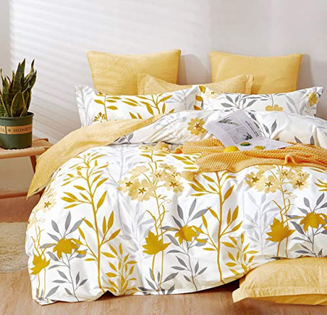 SLEEPBELLA Duvet Cover Queen Size, 600 Thread Count Cotton Grey Branches and Yellow Flower Reversible Comforter Cover(Queen, White Leaf) SLEEPBELLA