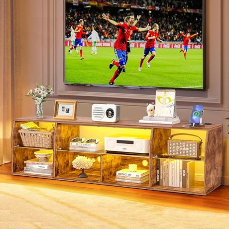 VECELO LED TV Stand with Lights & Power Outlet for 65 inch Gaming Entertainment Center with 7 Open Storage Shelves, Industrial Television Cabinet for Living Room, Bedroom, Retro Brown, 65inch VECELO