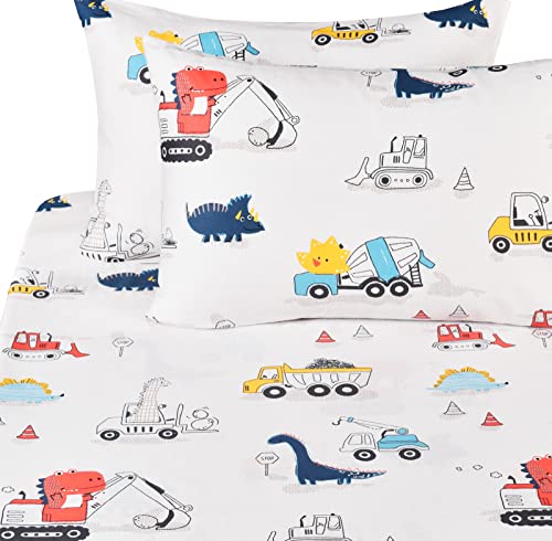 J-pinno Dinosaur Construction Work Digger Cars Vehicle Cute Cozy Fun Full Sheet Set for Kids Girls Children 100% Cotton Flat Sheet + Fitted Sheet + Piillowcase Bedding Set (Dinosaur, Full) J-pinno