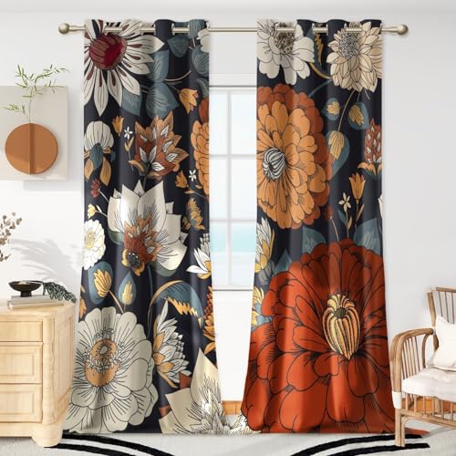 Tyrot 100% Blackout Black Boho Floral Curtains 108 Inches Extra Long for Bedroom Mid Century Botanical Black Out Curtains Room Darkening Grommet Top Thermal Insulated Window Drapes 2 Panels,52Wx108L Tyrot
