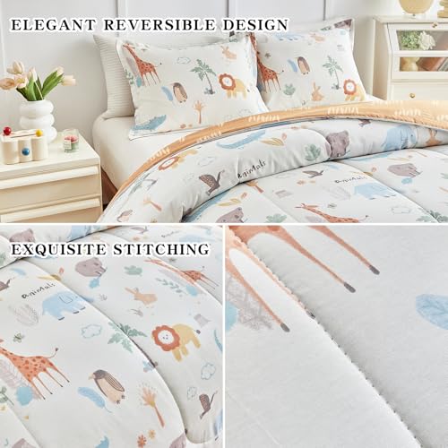 Joyreap 3pcs Cotton Queen Size Comforter Set for Kids Boys Girls, Zoo Theme Animals White n Brown Design, Soft n Cozy 3 Pieces Bedding Comforter Set for All Season- 88x88 inches Joyreap