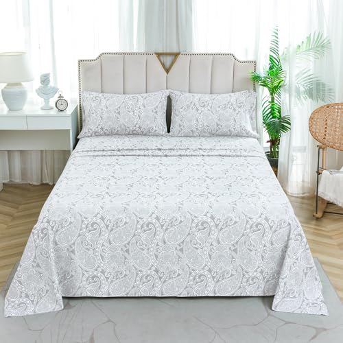 KACEMOO Bed Sheets Twin Size Light Gray Paisley Sheets Printed Floral Sheet Set Flower Pattern Deep Pocket Fitted Bed Sheet Set Microfiber Soft Breathable 1800 Thread Count Single Bedding Set KACEMOO