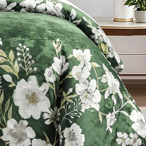 Sunshine Nicole Reversible Comforter Set, Printed Distressed Velvet Front and Sold Distressed Velvet Reverse, 3 Pieces Dark Green King, with Soft Polyester Fill Sunshine Nicole