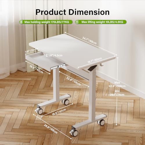 DAWNYIELD Standing Desk for Walking Pad with Wheels, Pneumatic Cordless Height Adjustable Rolling Desk, Mobile Computer Workstation with Drawer Hook Locking Casters for Treadmill & Home Office, White DAWNYIELD