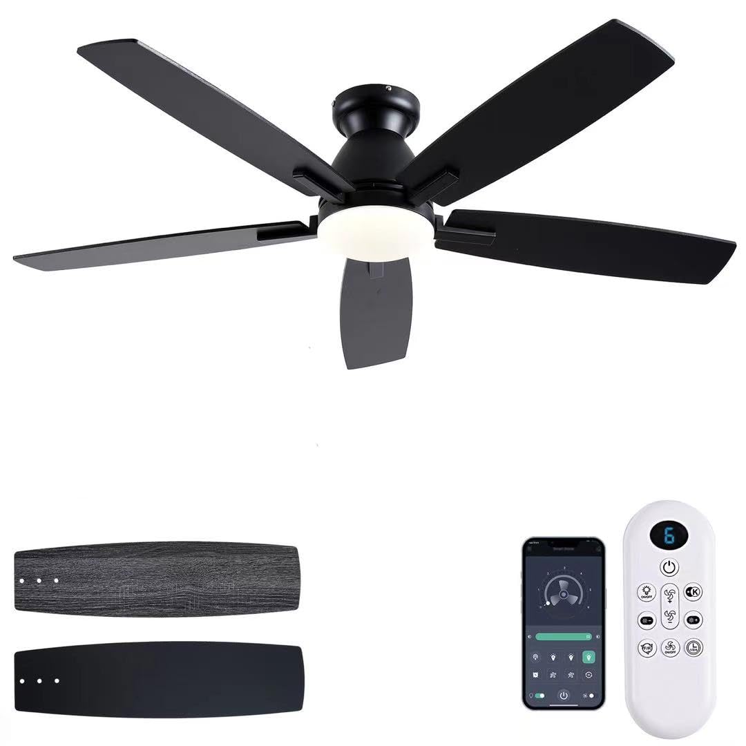 NKPU Ceiling Fans with Lights, 52 Inch Low Profile Ceiling Fan with Light and Remote Control, Flush Mount, DC Reversible Motor, Dimmable LED Black Ceiling Fans for Bedroom,Indoor/Outdoor Patio Use NKPU