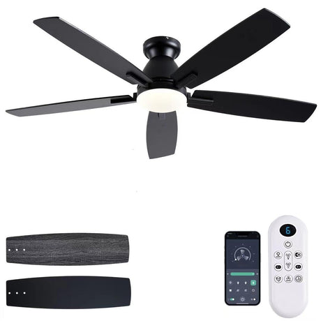 NKPU Ceiling Fans with Lights, 52 Inch Low Profile Ceiling Fan with Light and Remote Control, Flush Mount, DC Reversible Motor, Dimmable LED Black Ceiling Fans for Bedroom,Indoor/Outdoor Patio Use NKPU