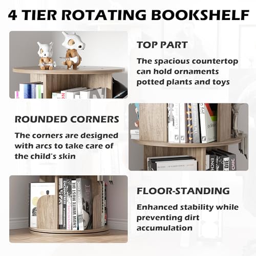 GOOFCXO 4-Tier 360° Rotating Bookshelf - Oak Floor-Standing Storage Rack for Home & Office - WoodArtSupply