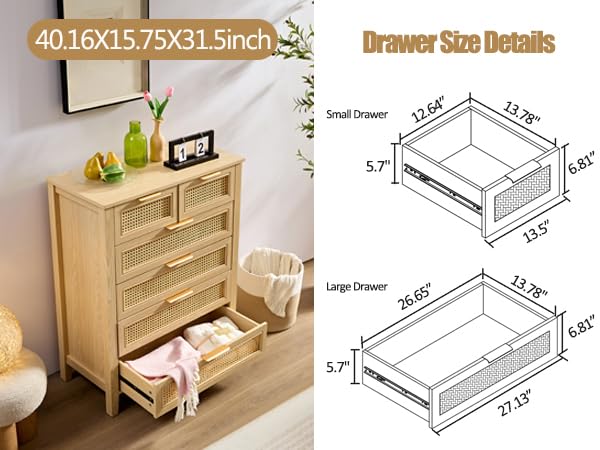 BOSHIRO Dresser for Bedroom, 6 Chests of Drawers, Natural Wood Rattan Drawer Dresser, Tall Dresser Modern 6 Drawer Dresser with Rattan Drawer for Closet, Home Office - WoodArtSupply