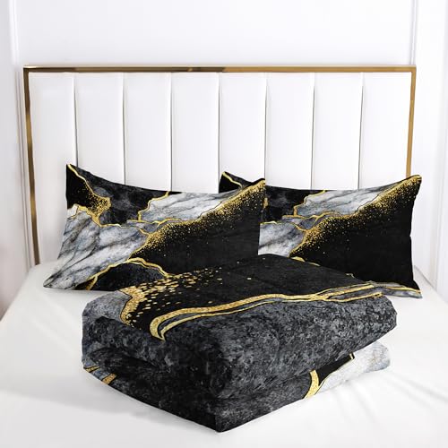 Nttopship Marble Comforter Set Full Size Black Gold Gray Marble Bedding Set Soft Microfiber Minimalist Wind Marble Comforter Sets 3 Pieces with 2 Pillowcases Nttopship