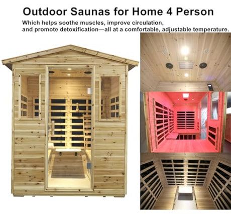 Kanlanth Outdoor Infrared Sauna with Red Light Therapy, 4 Person 2050watt Canadian Hemlock Wood Personal Sauna Room for Indoor Home, with Blue-Tooth, 4 Chromo Therapy Lighting, Control, Cup Holder Kanlanth