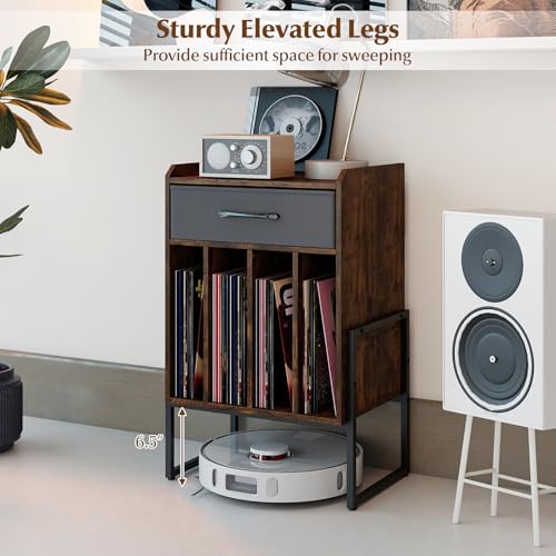 Giantex Record Player Stand, 2-Tier Turntable Stand with Fabric Drawer, Open Vinyl Storage and Display Shelf, Modern Wood Record Stand, Vinyl Record Storage for Living Room, Media Room (Rustic Brown) Giantex