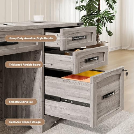 Decofy Farmhouse Executive Desk with Drawers, 55" Home Office Desks with Fast Charging Station, Lockable File Cabinet, Wood Writing Computer Desk for Work, Study, Grey Decofy