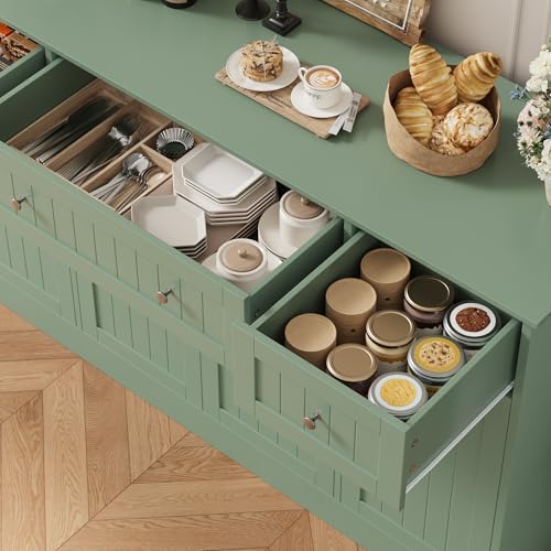 HITHOS 55" Sideboard Buffet Cabinet with Storage, Modern Kitchen Buffet Storage Cabinet with Drawers, Wood Coffee Bar with Adjustable Shelves, Large Sideboard for Kitchen, Living Room, Green HITHOS