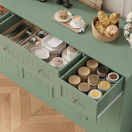 HITHOS 55" Sideboard Buffet Cabinet with Storage, Modern Kitchen Buffet Storage Cabinet with Drawers, Wood Coffee Bar with Adjustable Shelves, Large Sideboard for Kitchen, Living Room, Green HITHOS