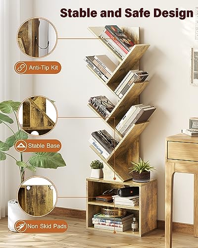 SUNMORY Rustic Brown 6-Tier Tree Bookshelf with Storage Cabinet for Small Spaces - WoodArtSupply