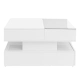 Merax Coffee Table, High-Gloss Finish Lift-Top Coffee Table with 2 Drawers and Hidden Space, Modern Center Table with Glass Tabletop & LED Lights for Living Room (White) Merax