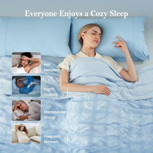 Cozy Bliss Cooling Comforter Seersucker Plaid King Size, Q-Max 0.45 Lightweight Cooling Blanket, Breathable Silk Smooth Summer Bedding Quilt for Hot Sleepers Night Sweats Blue Cozy Bliss
