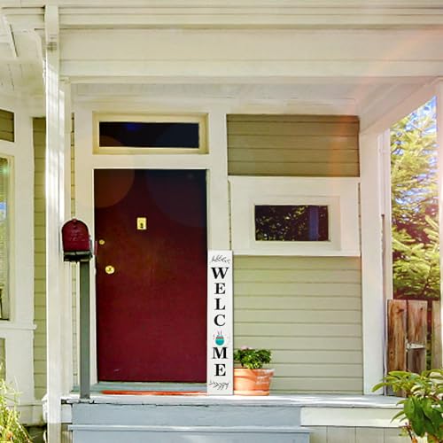 Lotkey Seasonal Welcome Sign for Front Door, 47 x 7.9 Inch Welcome Sign with 12 Wooden Icons (6 Double-sided Disks) Porch Decor for Summer Fall Thanksgiving Christmas Party Outdoor Sign (White) LOTKEY