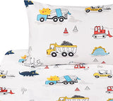 J-pinno Dinosaur Construction Work Digger Cars Vehicle Cute Cozy Fun Twin Sheet Set for Kids Girls Children, 100% Cotton, Flat Sheet + Fitted Sheet + Pillowcase Bedding Set (Dinosaur, Twin) J-pinno