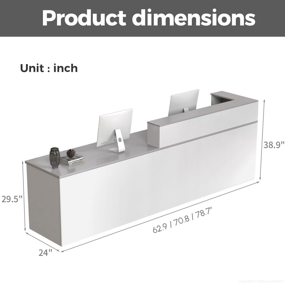 Huariifowm L Shape Reception Desk with Counter, Lockable Drawer, Keyboard Tray, and Double-Layer Storage for Salon, Office, or Clinic(White+Gray/Left, 63" L*24" W*39" H) Huariifowm