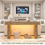 Unikito 63'' Farmhouse Console Table with Power Outlets and Sensor Light, Wooden Entryway Table with Storage, Rectangular Sofa Tables Behind The Couch for Entrance, Hallway, Living Room, Natural Oak Unikito
