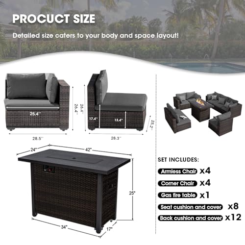 9 Pieces Patio Furniture Set with Fire Pit Table, Outdoor Rattan Sectional Sofa- All Weather High Backrest Wicker Couch Conversation Set with Waterproof Cushion for Backyard balcony Porch (Grey) Grezone