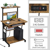 Yaheetech 3 Tiers Rolling Computer Desk on Wheels with Charging Station and Keyboard Tray, Mobile Home Office Desk PC Laptop Workstation with Power Outlet and USB Ports for Home Studying, Rustic Brown Yaheetech
