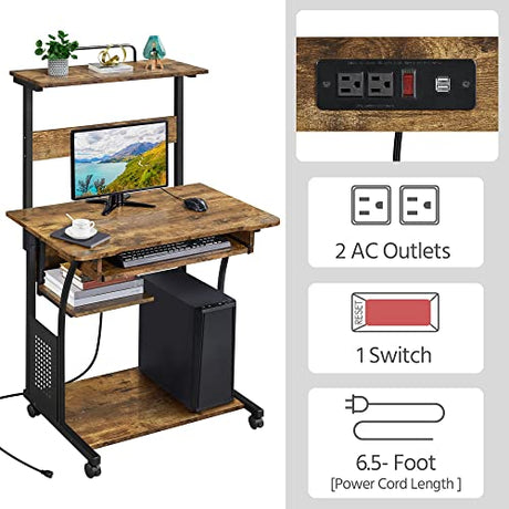 Yaheetech 3 Tiers Rolling Computer Desk on Wheels with Charging Station and Keyboard Tray, Mobile Home Office Desk PC Laptop Workstation with Power Outlet and USB Ports for Home Studying, Rustic Brown Yaheetech