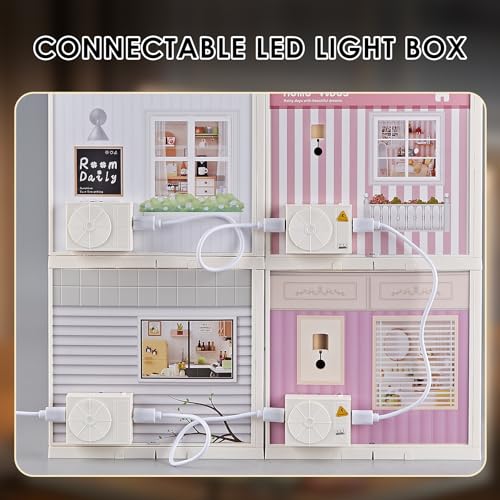 Tkmango Cat Pet Life Shop DIY Miniature House Kit with Roof & LED Light, Stackable & Connectable Dollhouse Kit with Dustproof Door, Creative DIY Crafts Building Toy Gift for Adults Teens