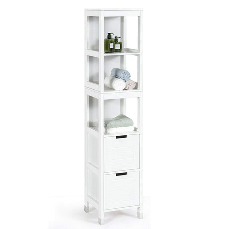 Tangkula White Multifunctional Tall Bathroom Storage Cabinet with 3 Shelves and 2 Drawers Tangkula