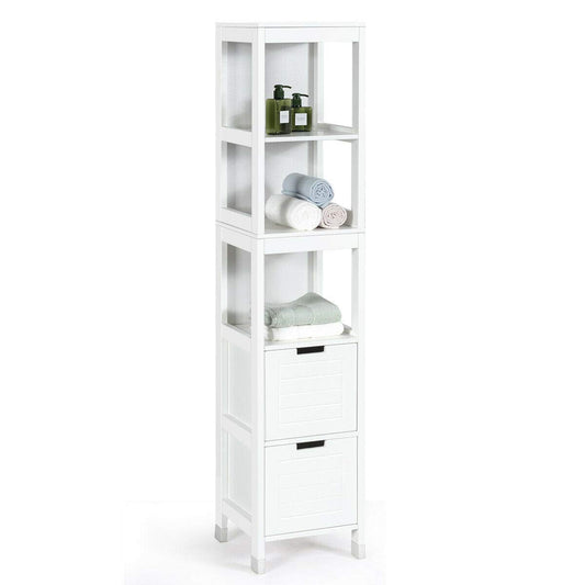 Tangkula Tall Bathroom Storage Cabinet, Multifunctional Bathroom Floor Cabinet with 3 Tier Shelves and 2 Drawers, Wooden Free-Standing Tower Rack (White)