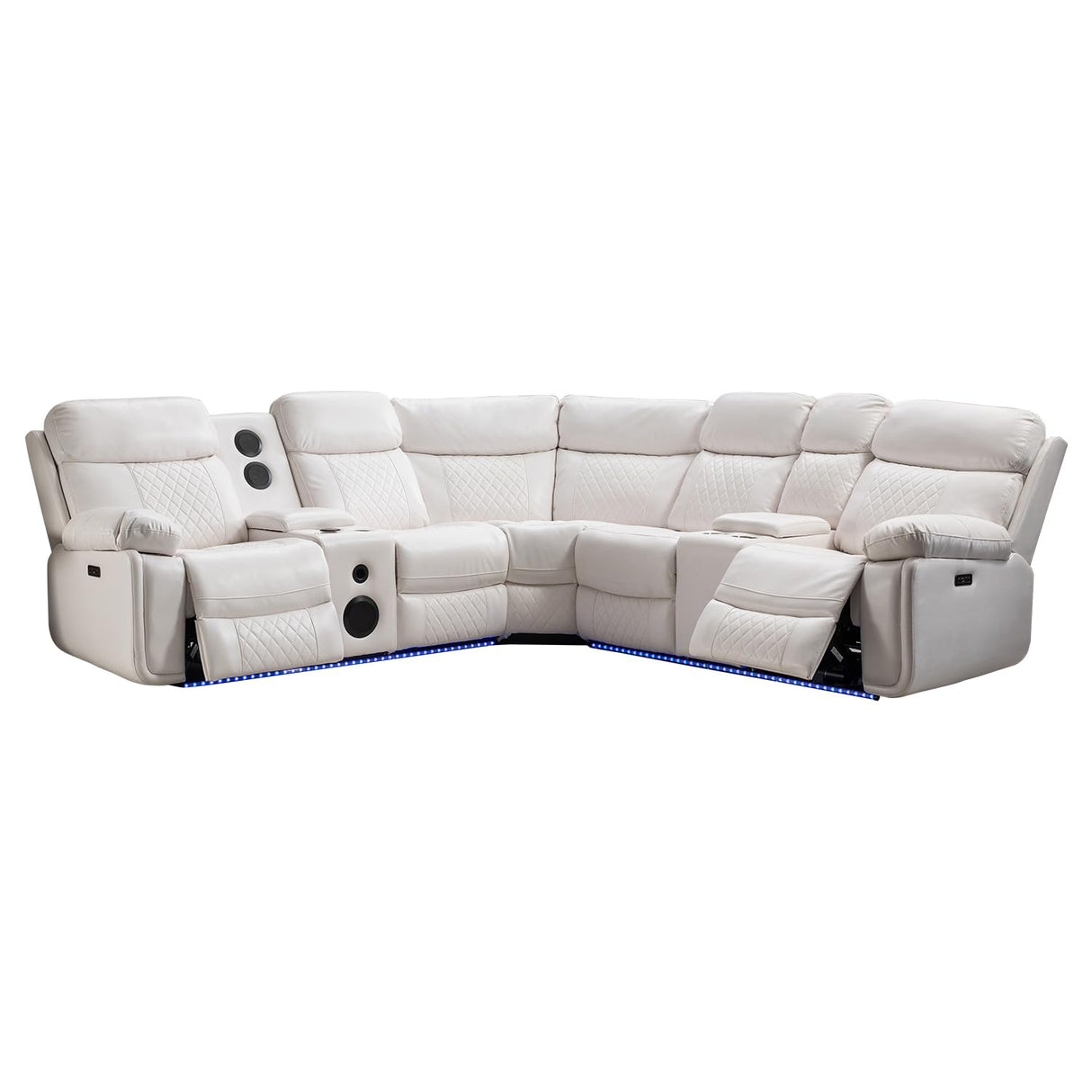 TODRANI Power Sectional Reclining Sofa with Bass Speaker, Faux Leather Recliner Corner Couches with USB Ports, Modern Recliner Sofa for Living Room with LED Lighting, White TODRANI