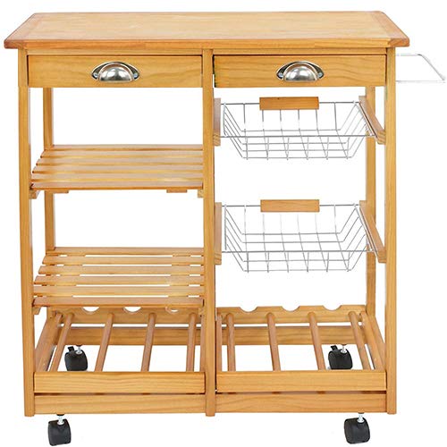 HomGarden Wood Rolling Kitchen Island Storage Cart Dining Trolley Microwave Cart w/Drawer Shelves Basket Stand Counter Top Table HomGarden