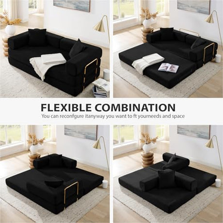 HANXIN 78 Inch Convertible Sleeper Sofa Bed, Folding Floor Mattress Couch with Fixed-Shape Frame, Futon Boneless Couch Lounge Loveseat with Pull Out Bed, No Assembly Required (Black) HANXIN