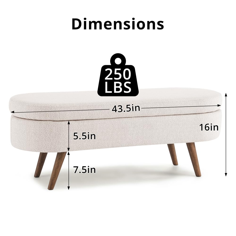 43.5 Inches Storage Ottoman Bench, Linen Upholstered Entryway Bench with Solid Wood Legs & Safety Hinge Flip Top, Indoor Bench Foot Stool for Living Room Bedroom End of Bed, 250 lb Capacity, Beige