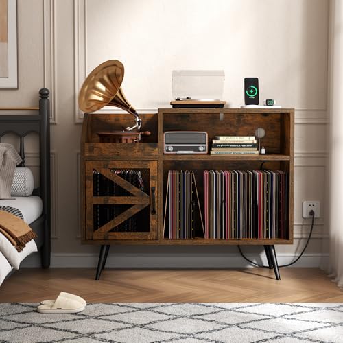 Gyfimoie Record Player Stand Holds Up to 350 Albums, Turntable Stand with LED Light, Records Storage Cabinet with Power Outlet, Record Player Table with Vinyl Storage(Brown) Gyfimoie