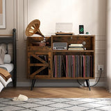 Gyfimoie Record Player Stand Holds Up to 350 Albums, Turntable Stand with LED Light, Records Storage Cabinet with Power Outlet, Record Player Table with Vinyl Storage(Brown) Gyfimoie