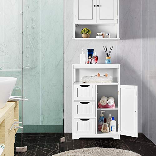 Yaheetech Bathroom Floor Cabinet Wooden Storage Organizer with 1 Door and 3 Drawers, Free-Standing Cupboard for Kitchen/Living Room/Bathroom Use, White