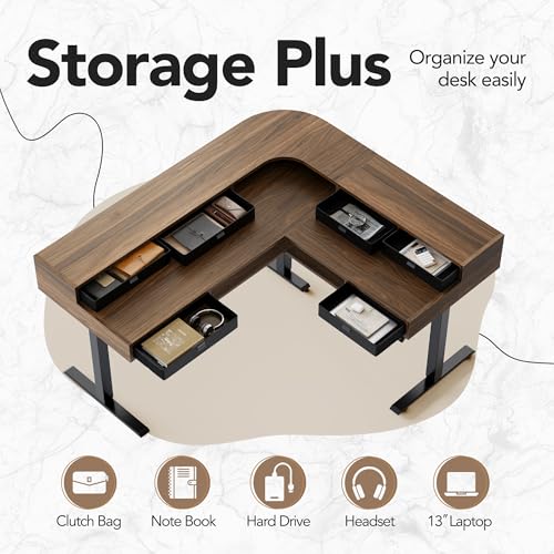 HUANUO 65.5" × 57.6" Electric L Shaped Standing Desk with 6 Storage Drawers, 2-Tier Corner Sit Stand Desk with Power Strip Tray & Cable Grommets, Height Adjustable Computer Gaming Table, Walnut HUANUO