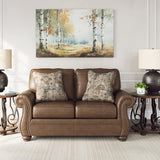 Signature Design by Ashley Shadsburne Rustic Faux Leather Loveseat with Nailhead Trim and 2 Throw Pillows, Brown Signature Design by Ashley