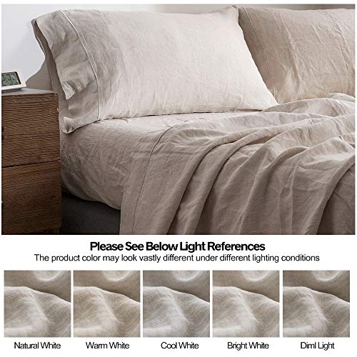 Simple&Opulence 100% Pure Linen Sheet Set Full Size, Natural French Flax Solid Color 4 Pcs Washed Breathable, Farmhouse Bedding (1 Flat Sheet,1 Fitted Sheet,2 Pillowcases)-Embroidery Linen Simple&Opulence