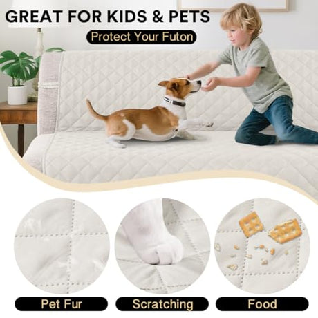 PrinceDeco Futon Slipcover Armless Futon Bed Cover Furniture Protector with Elastic Bottom Reversible Quilted Couch Cover Width Up to 70" Water Resistant Couch Cover for Pets,Ivory PrinceDeco